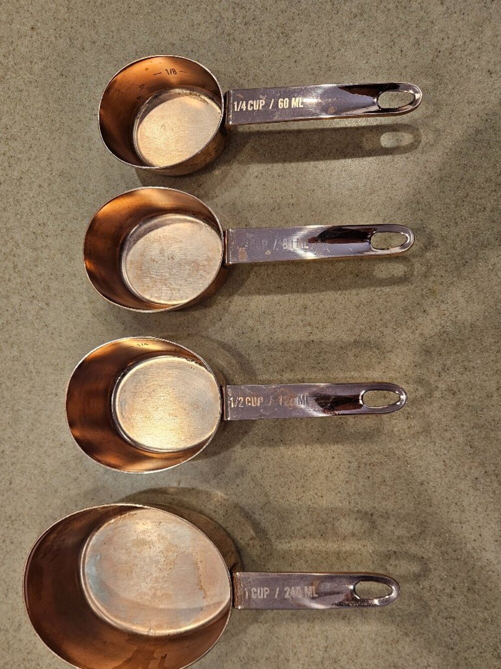RARE VINTAGE SET 4 WILLIAMS SONOMA COPPER NESTING MEASURING CUPS KITCHEN TOOL